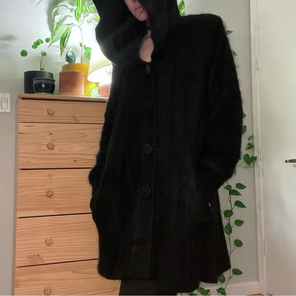 Cozy Black Angora Wool Sweater Coat with Giant Hood and Pockets Very Warm - M - Picture 11 of 12